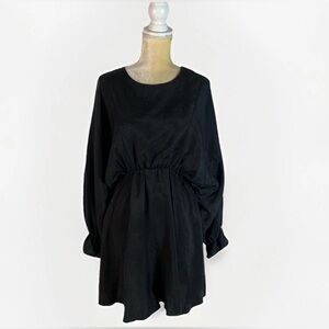 Zara Black Dolman Ruffle Puff Long Sleeve Mini Babydoll Dress Cinched Waist M